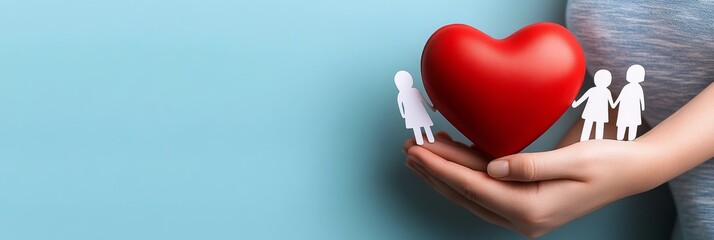 Close up of hands holding heart shape with family cutout figures on blue background, health care concept