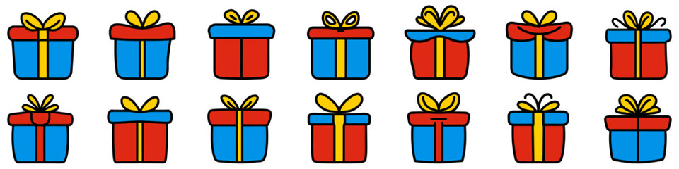 Wall Mural - gift box icon. set of drawn gift boxes with bow. collection of cute gift boxes. vector illustration