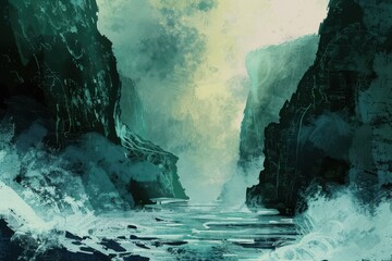 Wall Mural - A painted abstract landscape of a river winding through a misty canyon