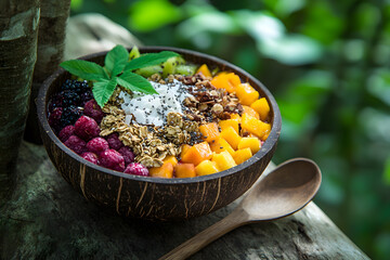 A bowl of fruit and nuts is sitting on a wooden table