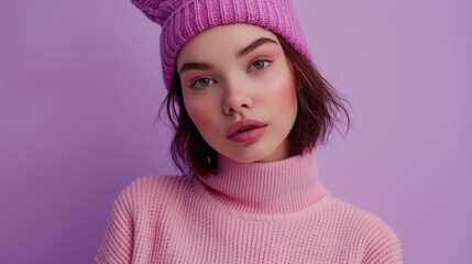 Wall Mural - A woman wearing a pink sweater and pink hat, suitable for lifestyle or fashion photography