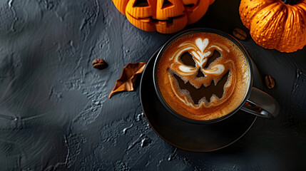 Wall Mural - Coffee cup seen from above with halloween design, pumpking in the foam, coffee art concept, banner with copy space, black background