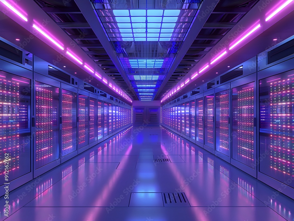 Modern data center server room with vibrant neon lights and reflective ...