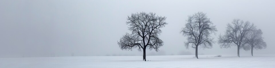 Wall Mural - Bare trees in a snowy field under foggy skies a mystical and minimalist landscape