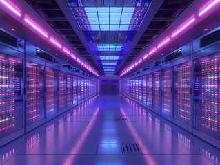 Poster - Modern data center server room with vibrant neon lights and reflective floors, representing advanced technology and cybersecurity.