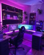 © Ytnart - Modern gaming setup with dual monitors, RGB lighting, and a comfortable chair in a cozy room environment.