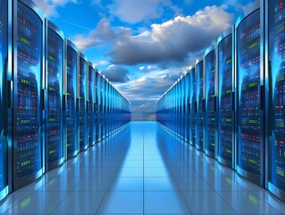 Poster - Modern data center with servers and cloud storage technology concept. Bright, clean, futuristic hallway with blue tones and reflections.