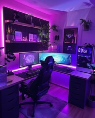 Poster - Modern gaming setup with dual monitors, RGB lighting, and a comfortable chair in a cozy room environment.