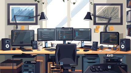 Poster - Modern home office setup with multiple computer screens, software development environment, ergonomic chair, and sleek desk accessories.