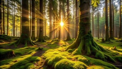  Golden Sunbeams Through Ancient Trees  Generative AI