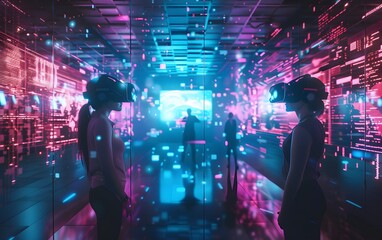 Poster - People immersed in a virtual reality environment with colorful digital graphics, experiencing advanced technology and futuristic interactions.
