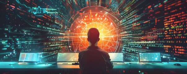 Poster - Person in front of multiple computer screens with complex data visualizations and a glowing network sphere, representing technology and cybersecurity.