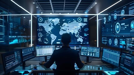 Poster - Person in a control room with multiple screens displaying data and a world map, emphasizing technology and global communication.