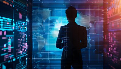 Poster - Silhouette of a person in front of a digital interface, representing technology and innovation in a futuristic environment.