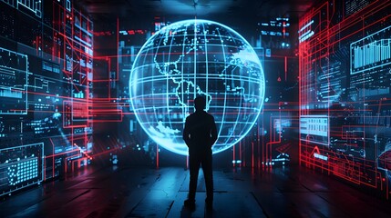 Poster - Silhouette of a person standing before a digital globe surrounded by futuristic holographic data projections in a dark room.