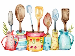 Series of watercolor kitchen utensils like a mixing spoon and a cheerful pot