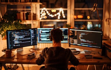 Poster - Software developer working late night coding on multiple monitors in cozy home office with warm lighting.
