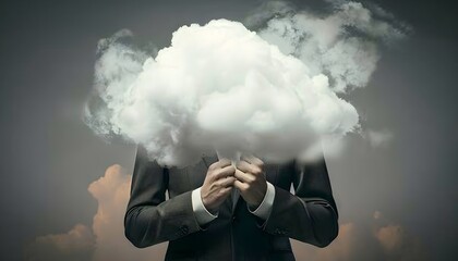 Surreal image of person in a suit with a cloud obscuring their head, symbolizing confusion, creativity, and abstract thinking.