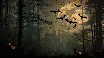 Wall Mural - a spooky halloween background with a dark, eerie forest, a full moon, and silhouettes of bats and pu