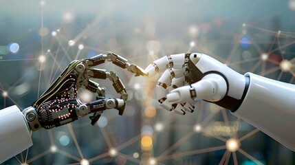 Poster - Two robotic hands reaching out to touch each other, representing connection and the interaction between artificial intelligence and technology.