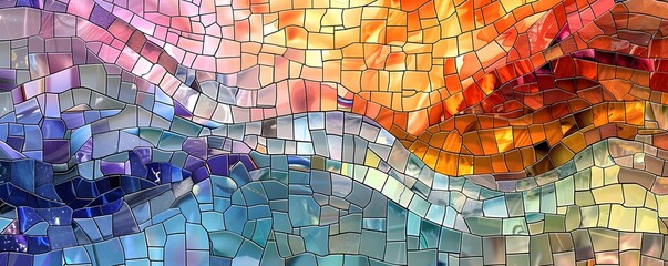 Poster - Vibrant mosaic art with flowing patterns in multicolor tiles, creating a dynamic, abstract design perfect for backgrounds and creative projects.