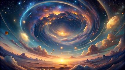 Wall Mural - Celestial Tapestry: A Whimsical 360-Degree Sky of Ethereal Hues and Cosmic Wonders  Generative AI