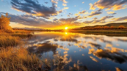 Wall Mural - Golden Sunset Over a Tranquil Lake.