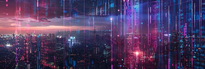 Poster - Futuristic Cityscape with Neon Lights and Data Streams - A futuristic cityscape with neon lights and data streams, symbolizing technology, progress, connectivity, urban development, and digital transf