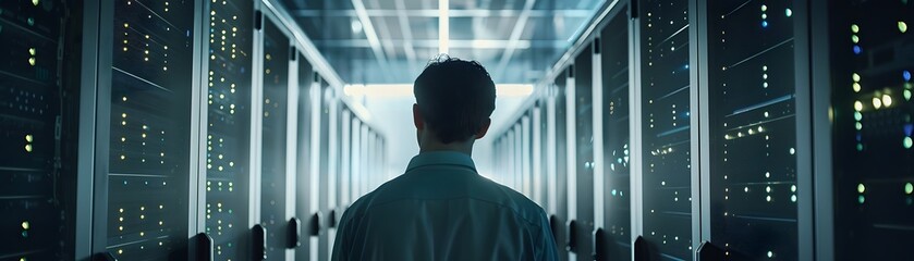 Poster - Man standing in modern data center, surrounded by server racks and illuminated by soft blue light, symbolizing advanced technology and computing.