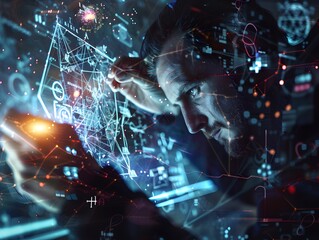 Poster - Futuristic technology concept with a focused individual interacting with digital interface, analyzing data and information.