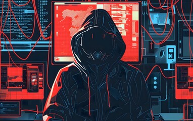 Poster - Hacker in a dark room with multiple screens and red data lines, symbolizing cyber security threat and hacking activities.