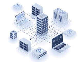 Poster - Illustration of a server network with connected devices, symbolizing cloud computing, data storage, and system integration.