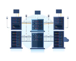 Poster - Illustration of network servers in a data center, showing the interconnected infrastructure essential for modern computing and data management.