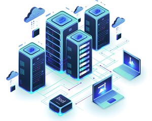 Poster - Isometric illustration of a digital data center with servers connected to computers and cloud storage, representing modern technology infrastructure.