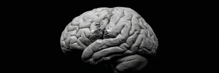Poster - human brain anatomy - black and white stock photo - a close-up of a human brain, showcasing its comp