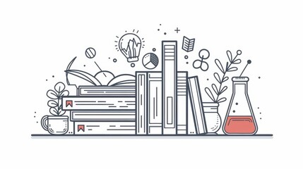 Poster - Knowledge, Innovation, and Growth: A Line Art Concept for Education and Business - This illustration depicts a stack of books, a lightbulb, a beaker, and plants symbolizing knowledge, innovation, grow