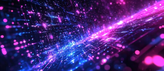 Fototapete - Abstract Futuristic Blue and Violet Shiny Perspective Square HUD with Particle Mosaic Grid and Dotted Line Map Design with Light Flare Effects
