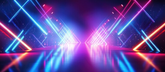 Poster - Abstract Technology Background Nightlife Atmosphere with Disco Lights and Music Concert Light Show Glowing Geometric Laser Loops with Reflections for Event Celebrations