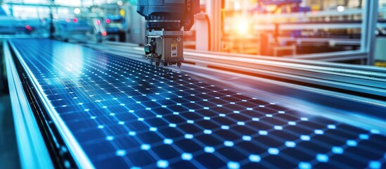 Poster - Close up of photovoltaic cell on conveyor belt handled by robotic arm in advanced green technology manufacturing facility