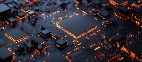 Poster - Dark gray AI chip on a circuit board with technology background 3D illustration of artificial intelligence concept