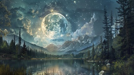 Majestic Moonlit Landscape with Mountains and Stars - A serene night scene with a luminous full moon illuminating a mountain range and a tranquil lake, symbolizing peace, nature, wonder, beauty, and t