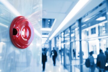 Aufkleber - A bright red fire alarm with a flashing light and button is mounted on a wall in a contemporary building corridor filled with people. Generative AI