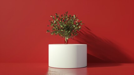 Poster - Minimalist Green Plant on White Pedestal Against Red Background - A small green plant on a white pedestal against a red backdrop. This image represents simplicity, nature, and a pop of color, symboliz