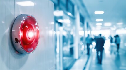 Aufkleber - A fire alarm with a bright red light and button is mounted on a wall in a busy indoor corridor filled with people. Generative AI