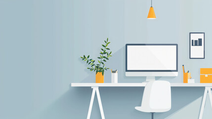 Poster - Modern Minimalist Home Office Workspace with Desk, Chair, and Computer - A minimalist home office workspace with a white desk, a comfortable chair, a computer monitor, and a plant, symbolizing product