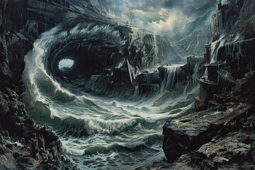 Wall Mural - The image depicts a stormy sea crashing against a cliffside city