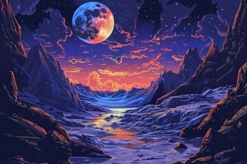 Wall Mural - a celestial landscape with a vibrant moon and a winding river cutting through mountainous terrain