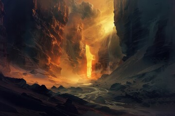 Wall Mural - a glowing canyon split by a river in a desert landscape