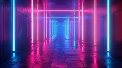 Poster - Neon Lights Corridor - Futuristic Cyberpunk Aesthetic - A futuristic corridor with glowing neon lights in blue and pink, creating a vibrant and abstract atmosphere. This image symbolizes technology, p