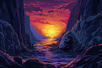 Wall Mural - Sunset Over a Mountain Valley with a Flowing River